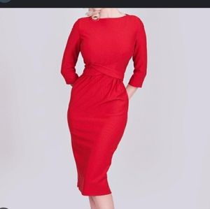 Bettie Page by Tatyana Retro Midi Pin Up Pencil Dress in Red. Size Large.
